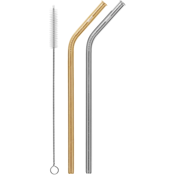 Cheeki 2 Pack Bent Stainless Steel Straws - Silver, Gold & Cleaning Brush - Go Vita Batemans Bay