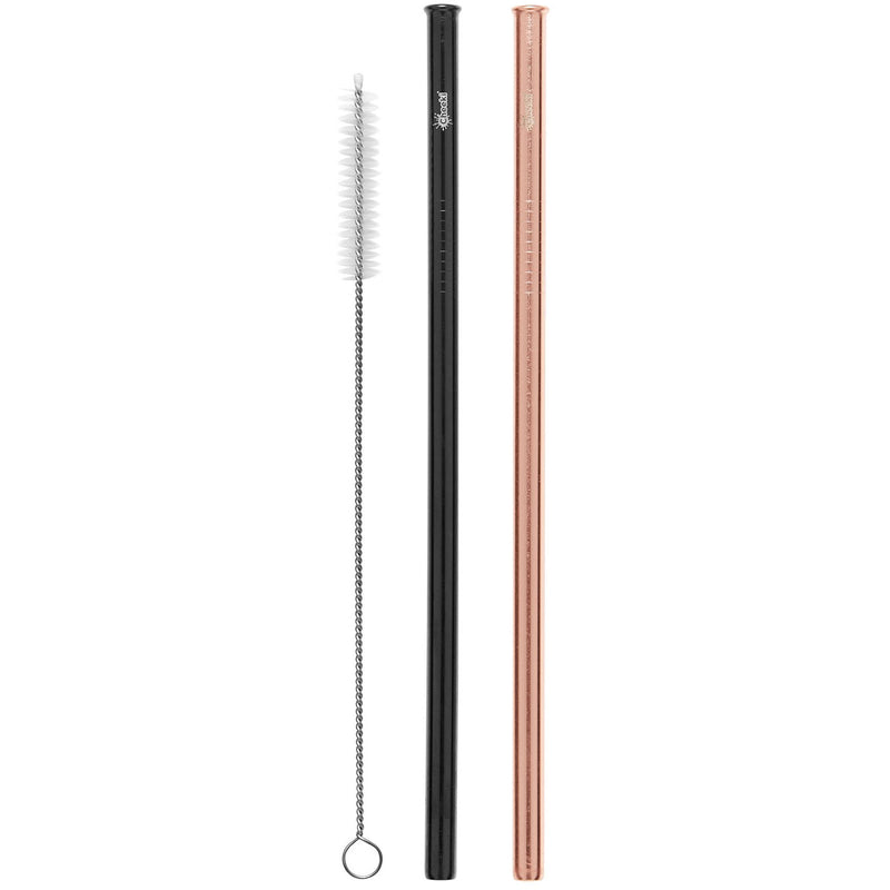 Cheeki 2 Pack Straight Stainless Steel Straws - Rose Gold, Black & Cleaning Brush - Go Vita Batemans Bay