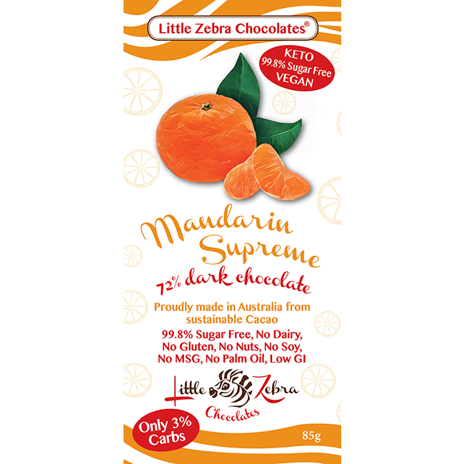 Little Zebra Sugar Free Supreme Dark Chocolate - Mandarin - Go Vita Batemans Bay